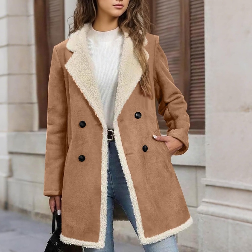 Chic Tan Faux Sherpa Teddy Jacket with Cream Accents Size Small